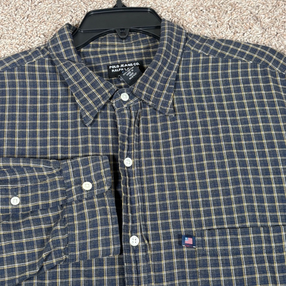 Polo Jeans Co Ralph Lauren Mens XL Plaid Button Down‎ Shirt Navy Yellow 8387